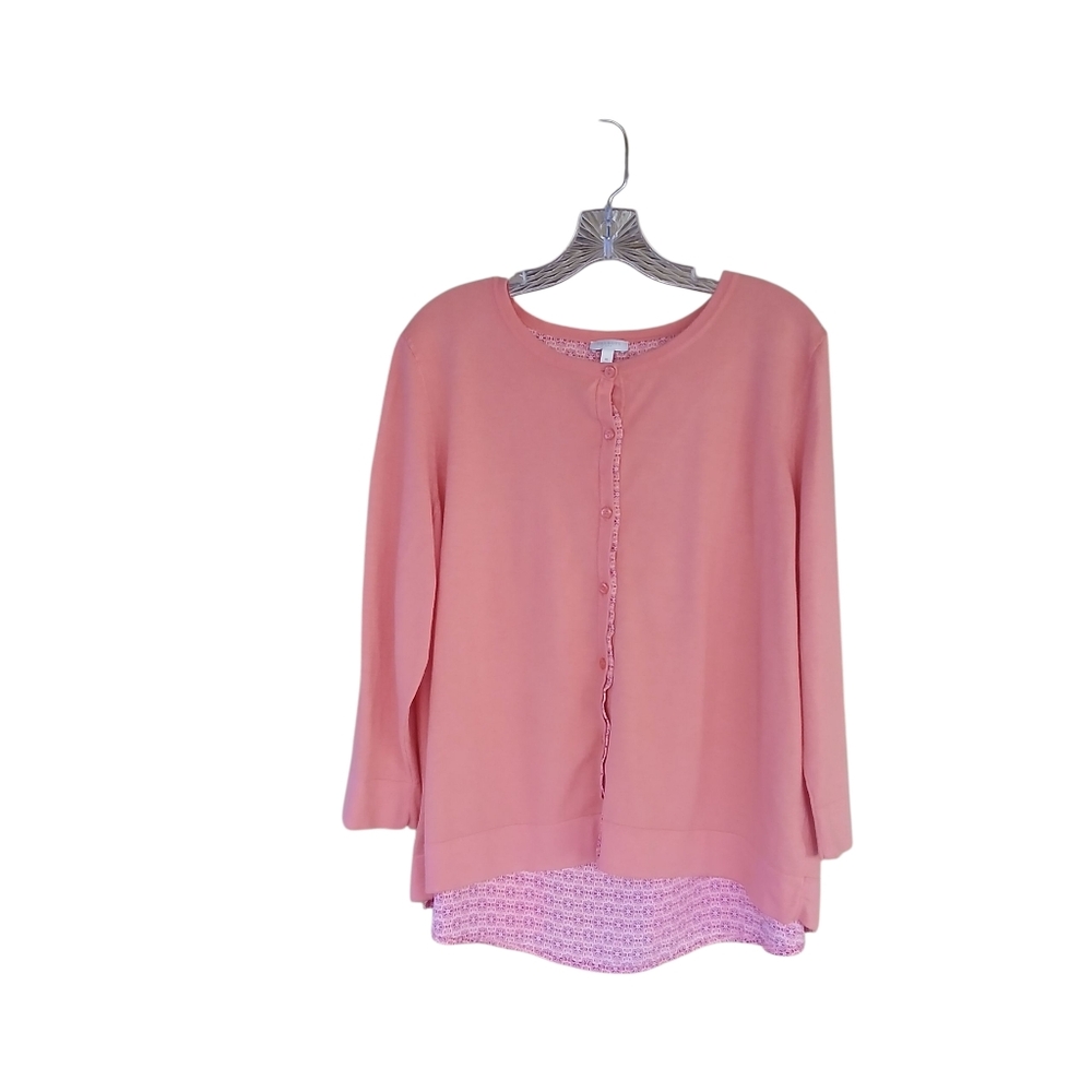Talbots Peach Crewneck Splt Back Floral Inset Cardigan XL
